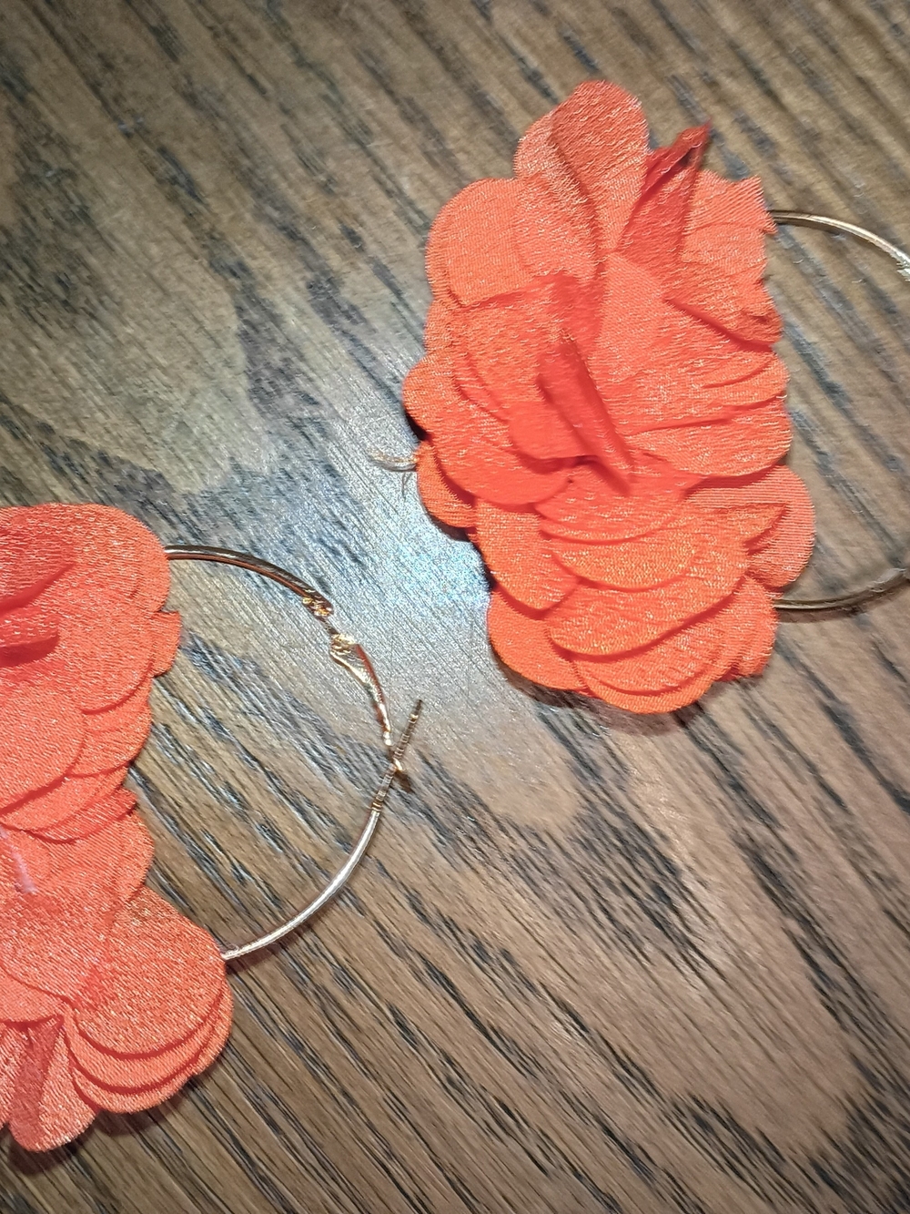 Floral Hoop Earrings - Orange Fabric Flower